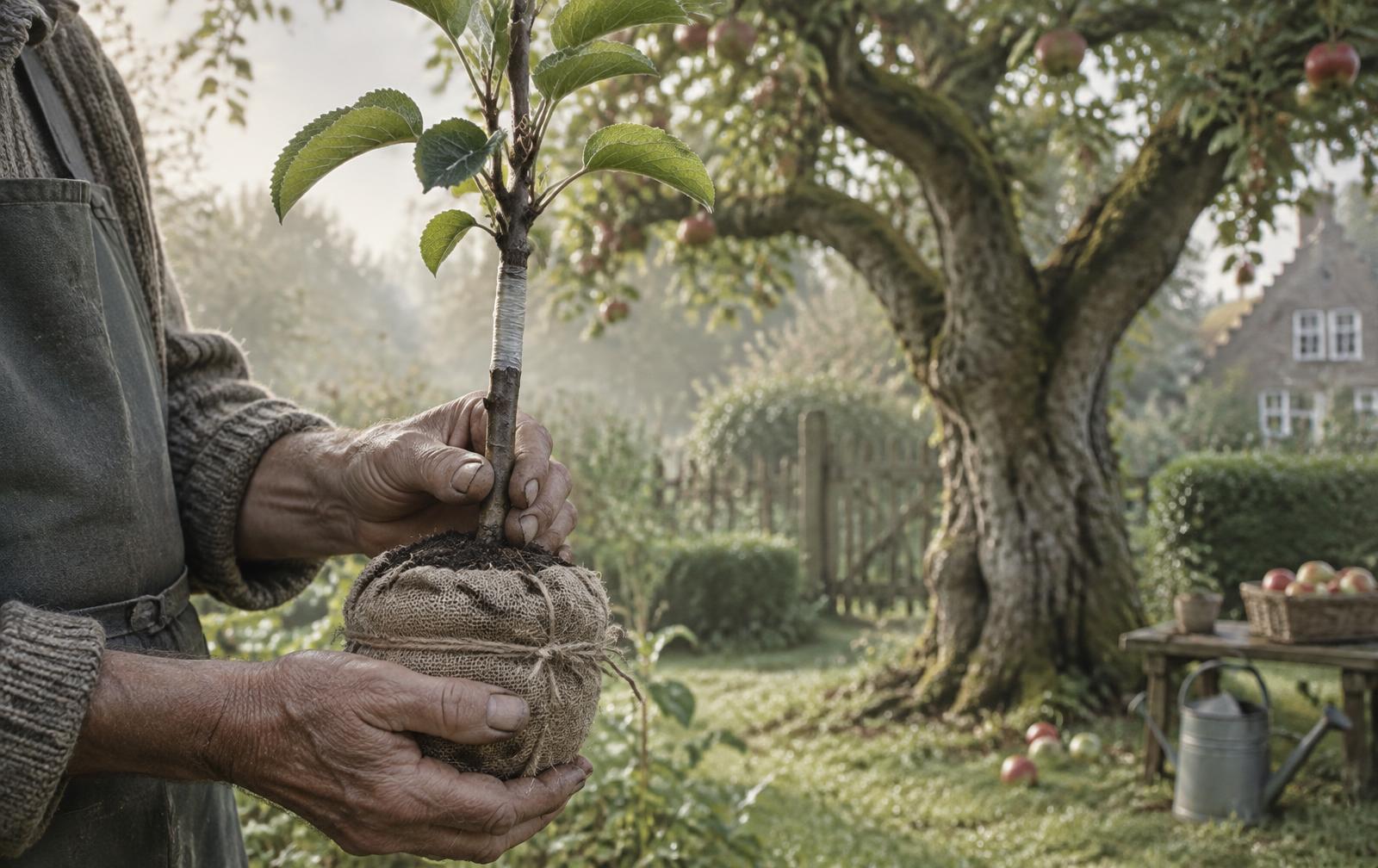 Een jonge geënte appelboom voor de oude boom in de tuin